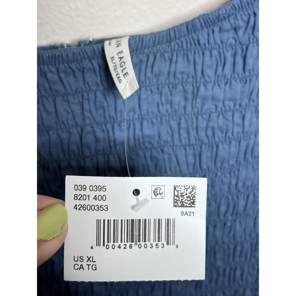 American Eagle  Smocked Bodice Eyelet hem Midi Cottagecore Dress XL blue NWT - Picture 5 of 8